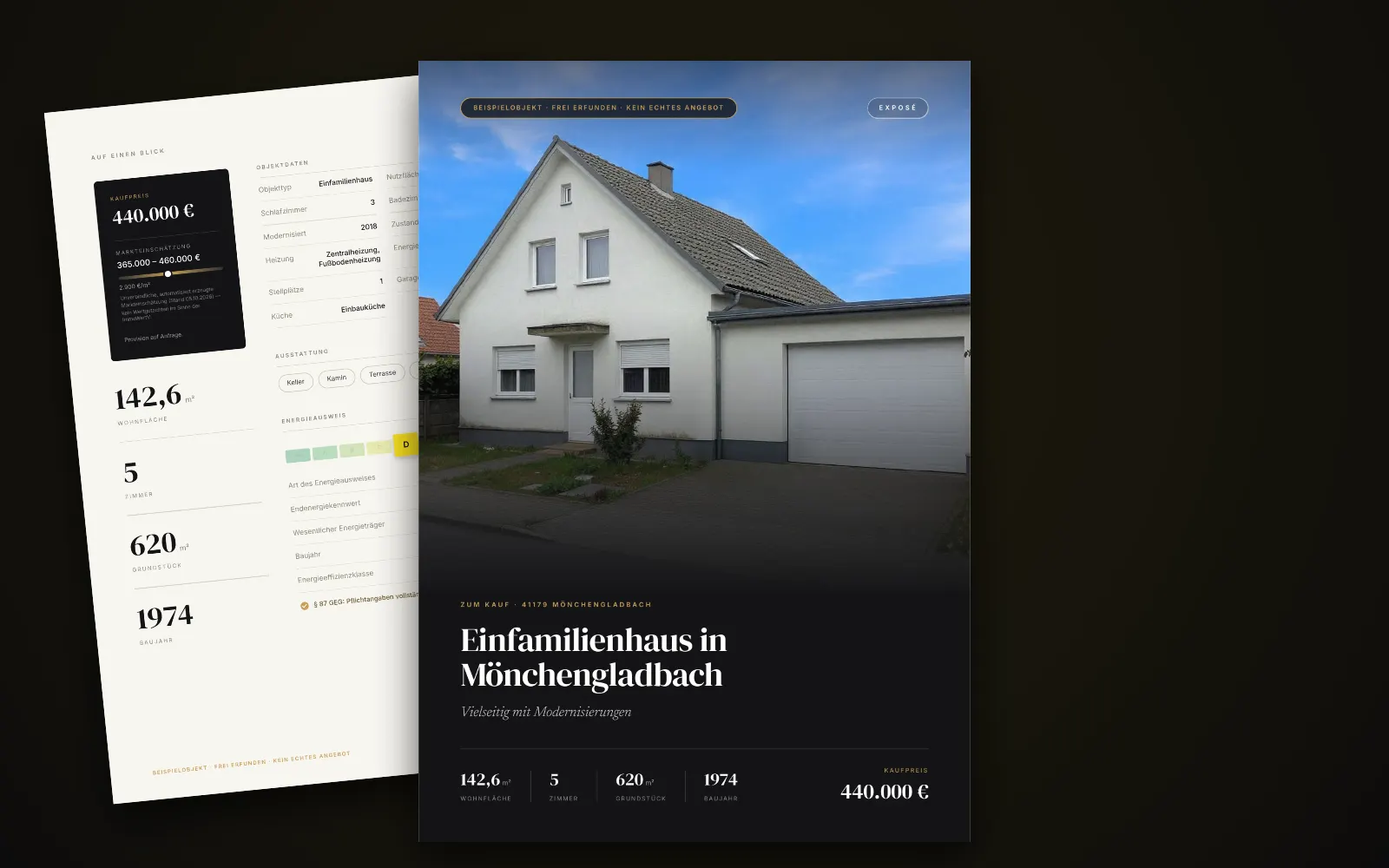 Exposé des Beispielobjekts in Mönchengladbach: Titelseite mit Foto, Titel und Kaufpreis, dahinter zwei weitere Seiten
